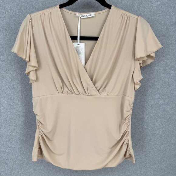 Grace Karin Womens Flutter Sleeve Surplice Blouse Top Size XL Tan Office NEW - Picture 2 of 13